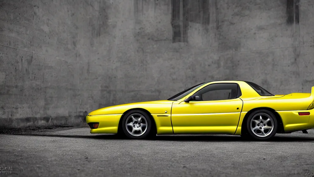 Prompt: 1 9 9 8 mazda rx 7 coupe yellow aero kit, cinematic, long exposure, white balance, 8 k, led, lumen global illumination, fog, ray tracing reflections