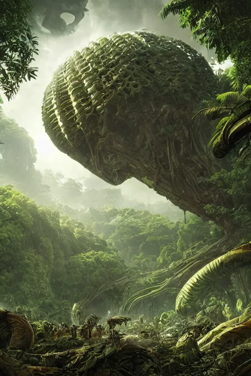 Image similar to alien hive in the exotic jungle, landscape, alex ross, giga, david finch, concept art, matte painting, highly detailed, rule of thirds, dynamic lighting, cinematic, detailed, denoised, centerd