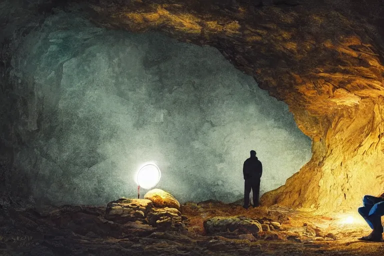 Prompt: A beautiful painting of a lone man with weak flashlight in huge dark underground cave