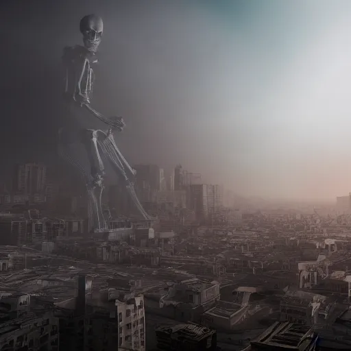 Prompt: Highly detailed Photograph of a colossal human skeleton looming over a city, hyperrealistic, volumetric fog, 8k resolution