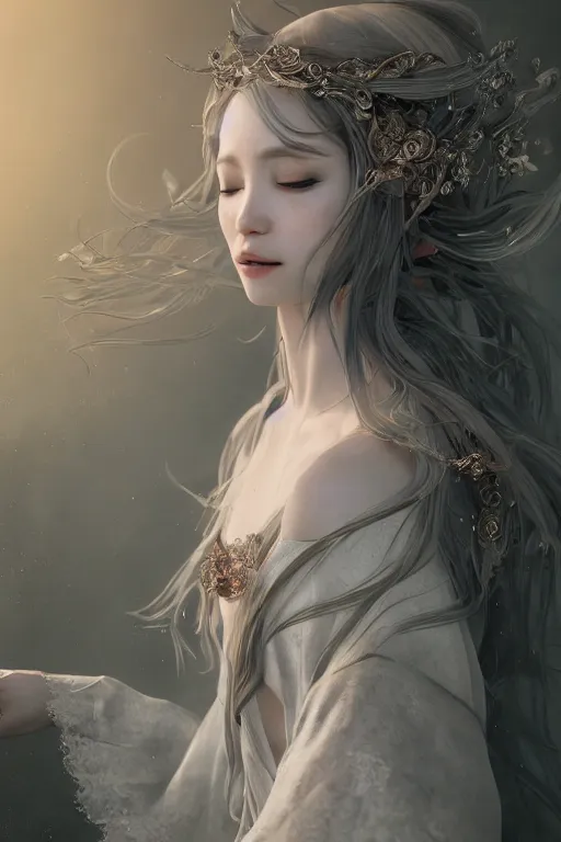 Image similar to a beautiful sorceress leaning with elegant looks, flowing robe, ornate and flowing, intricate and soft by miho hirano, ruan jia, yoshitaka amano, wlop, vray render, artstation, deviantart, pinterest, 5 0 0 px models