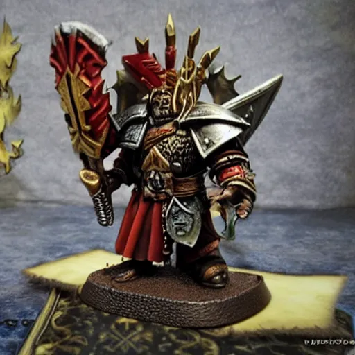 Image similar to Warhammer, Thorgrim Grudgebearer holding up his book of grudges