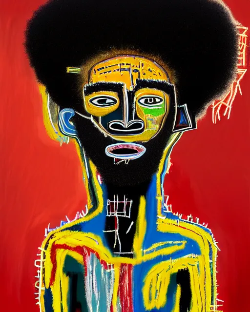 Image similar to A extremely ultra highly detailed majestic hi-res beautiful immaculate head and shoulders award winning painting stunning masterpiece of the face of a strong black african warrior man with an afro by Jean-Michel Basquiat, 8k, high textures, ultra hyper sharp, insanely detailed and intricate, super detailed, 8k HDR ultra high quality