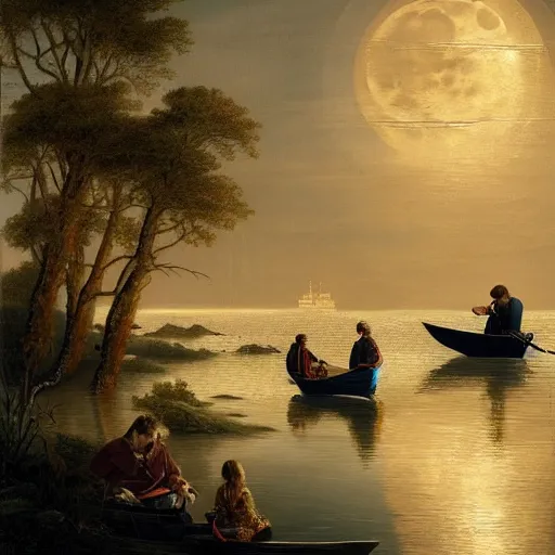 Prompt: man and daughter in a small boat on a rough sea late at night, moonlight reflections across water, hyper realism, high detail, deep aesthetic, rich colors, 4k, highly ornate intricate details,