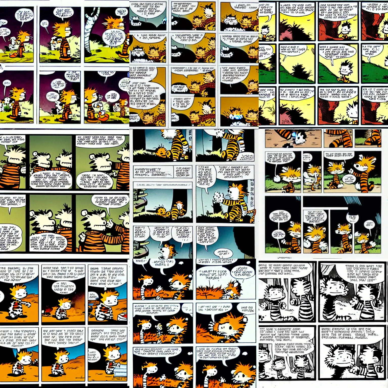 Prompt: comic book strip of calvin and hobbes by bill watterson