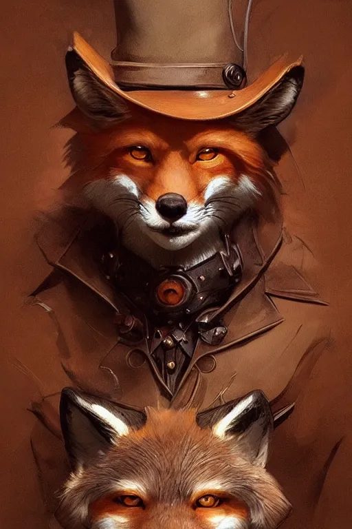Prompt: heroic character design of anthropomorphic whimsical fox, portrait, western, steampunk, clint eastwood facial expression, duster, fantasy, intricate, elegant, highly detailed, digital painting, artstation, concept art, sharp focus, illustration, art by artgerm and greg rutkowski and alphonse mucha