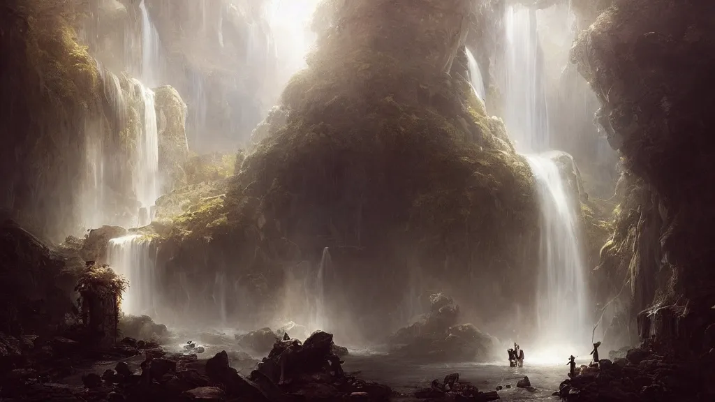 Image similar to the elven kingdom lies beneath the great underground waterfall. andreas achenbach, artgerm, mikko lagerstedt, zack snyder, tokujin yoshioka