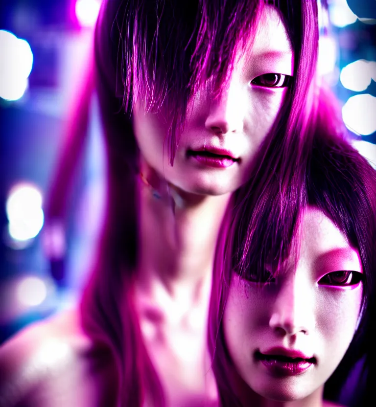 Image similar to a photo close up a cyberpunk female supermodel, shibuya prefecture, midnight, photorealistic, cinematic color, studio lighting, highly detailed, bokeh, style by tomino - sama