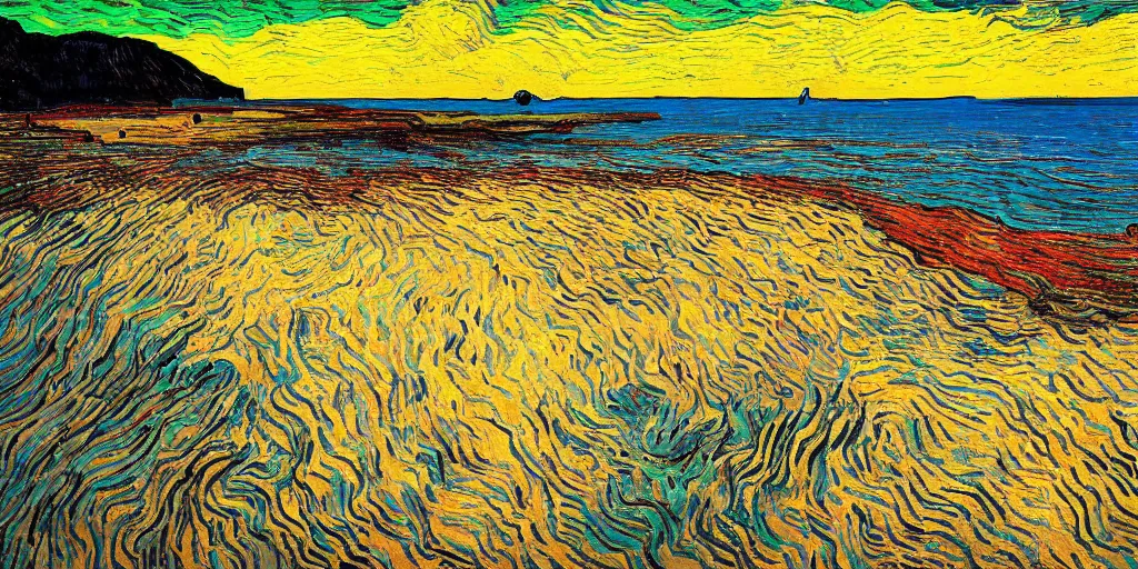 Image similar to a beach between two valley, by Salvador Dali and Van Gogh collaboration, sun set, digital art, high details, drone wide shot