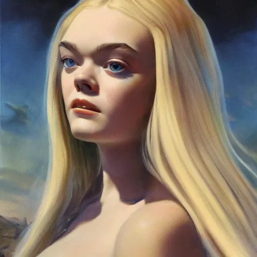 Image similar to ultra realistic portrait painting of elle fanning in a 1 9 7 0 s sci - fi, art by frank frazetta, 4 k, ultra realistic, highly detailed, epic lighting