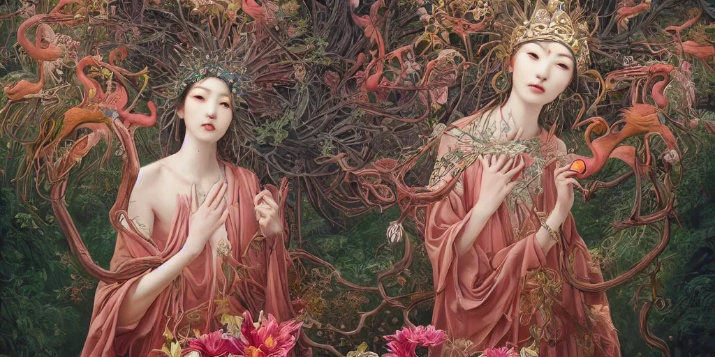 Prompt: breathtaking detailed weird concept art painting of the goddess of flamingo, orthodox saint, with anxious, piercing eyes, ornate background, epic composition, symmetry, amalgamation of leaves and flowers, by Hsiao-Ron Cheng and John James Audubon and Miho Hirano, extremely moody lighting, 8K