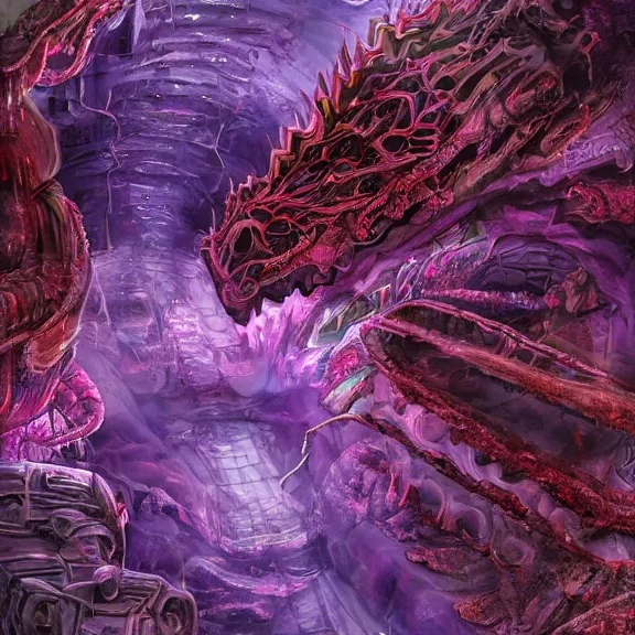 Image similar to detailed shot of inside a cavernous living stomach of a giant robot ((dragon)), the walls purple and pulsing, lots of acid pooling up on the floor, digesting humans that ended up inside, food pov, micro pov, vore, digital art, furry art, high quality, 8k 3D realistic, macro art, micro art, Furaffinity, Deviantart, Eka's Portal, G6