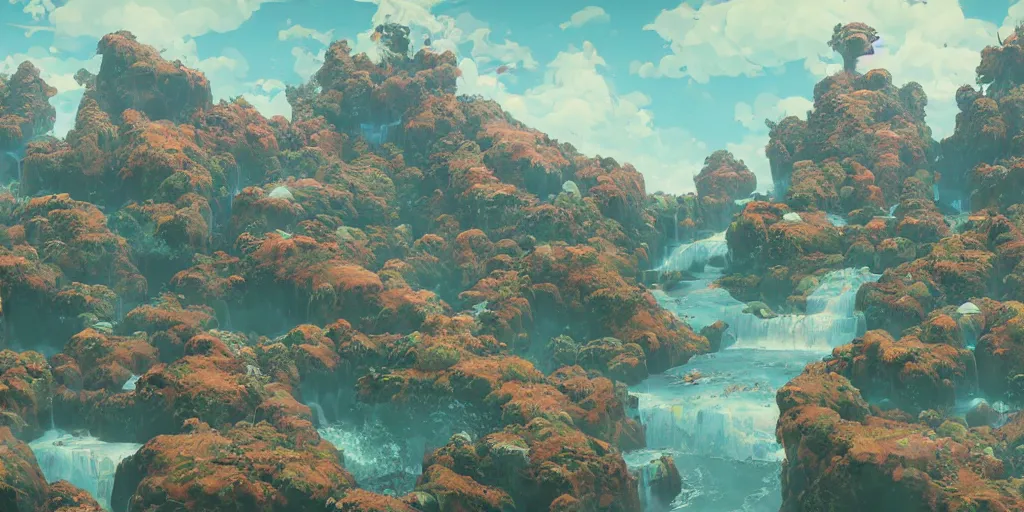 Image similar to 3d rendered landscape with a lot of details by james jean in no journey game style , redshift, octane