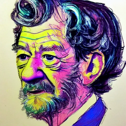 Image similar to a realistic yet scraggly portrait sketch of the side profile of a stern and sophisticated lan mckellen, trending on artstation, intricate details, colorized by lisa frank, in the style of frank auerbach, in the style of sergio aragones, in the style of martin ansin, in the style of david aja, in the style of mattias adolfsson