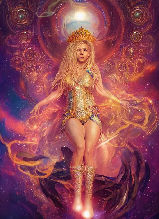 Image similar to cosmic portrait of shakira as queen of the universe, hyper detailed, digital art, cinematic lighting, studio quality, smooth render, unreal engine 5, octane rendered, art style by klimt and nixeu and ian sprigger and wlop and krenz cushart.