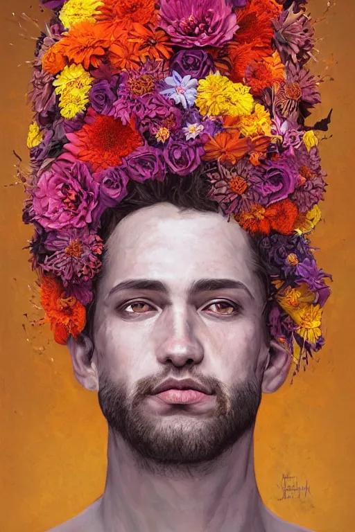 Prompt: a ultradetailed painting of a man with flowers in his hair, a vivid color hue character portrait by jeffrey smith, trending on cgsociety, fantasy art, made of flowers, ilya kuvshinov, deviantart hd