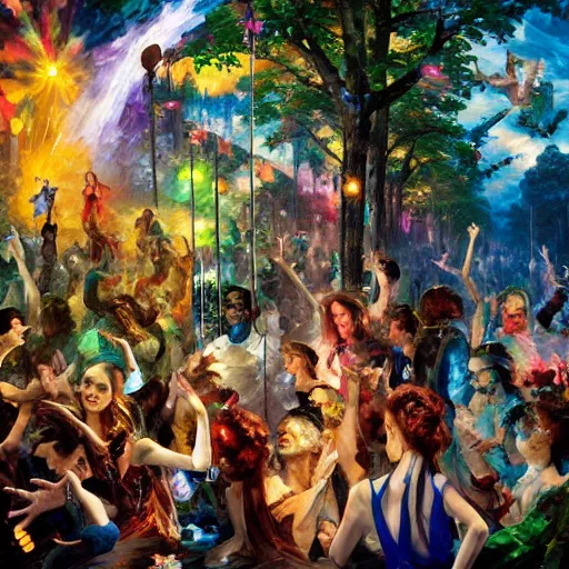 Prompt: rave dance party by thomas kinkade, arthur adamas, charlie bowater, leonid afremov, chiho ashima, karol bak, david bates, tom chambers