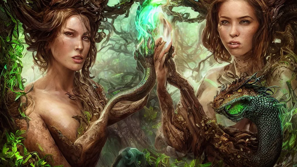 Prompt: portrait high definition photograph beautiful woman with a snake tongue holding a dragon fantasy character art, hyper realistic, pretty face, hyperrealism, iridescence water elemental, snake skin armor forest dryad, woody foliage, 8 k dop dof hdr fantasy character art, by aleski briclot and alexander'hollllow'fedosav and laura zalenga