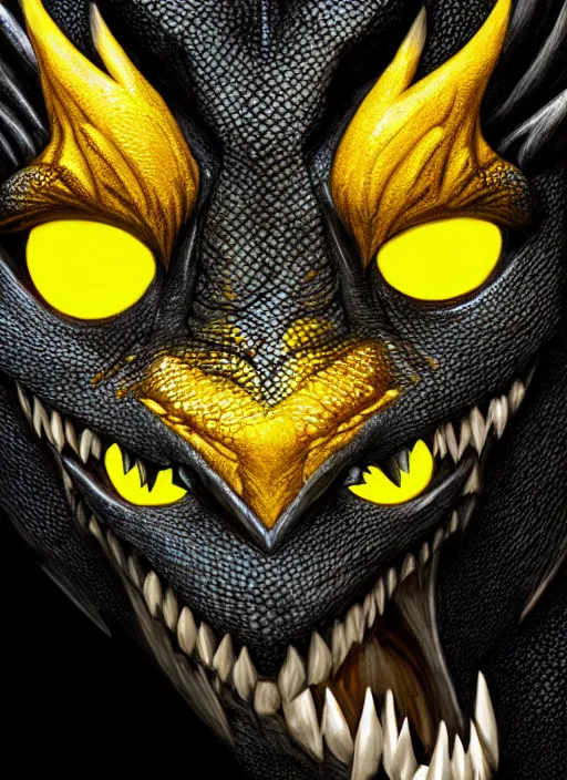 Image similar to closeup portrait of black dragon head with yellow eyes, ultra realistic, fantasy, magic, dnd,