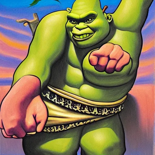 Image similar to shrek with his fists up, chicano art movement, detailed