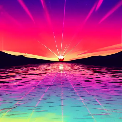 Image similar to A synthwave style sunset above the reflecting water of the sea, concept art