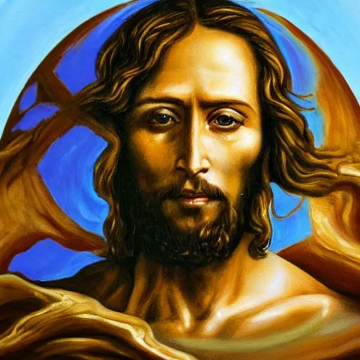 Prompt: a highly detailed oil painting of Jesus Christ with skull instead of face, standing inside the epicenter of thermonuclear blast mushroom on blue earth planet, praying for mercy