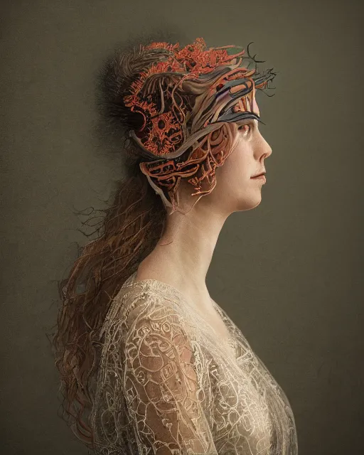 Image similar to a woman's face in profile, long flowing hair entwined in a coral reef, made of intricate decorative lace leaf, in the style of the dutch masters and gregory crewdson, dark and moody