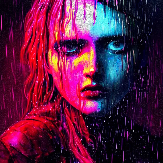 Image similar to bright aesthetic portrait LSD glowing backlit rain on face and wet hair, cyberpunk, overhead lighting, fantasy, intricate, elegant, dramatic lighting, highly detailed, lifelike, photorealistic, digital painting, artstation, illustration, concept art, smooth, sharp focus, art by John Collier and Albert Aublet and Krenz Cushart and Artem Demura and Alphonse Mucha