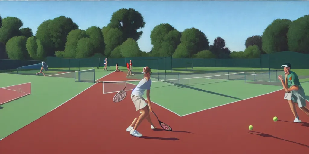 Prompt: tennis game in santa rosa, summer evening, kenton nelson