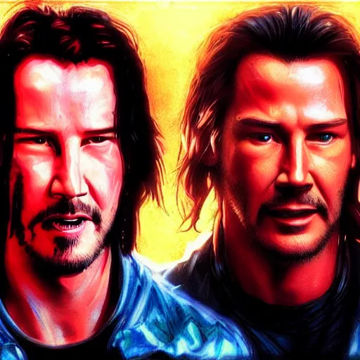 Prompt: “ cyberpunk, closeup portrait of a keanu reeves and arnold schwartzenegger from terminator 2, dramatic light, city background, sunset, dystopian setting, high contrast, sharp, neuromancer, henry dorsett case, painted by stanley lau, painted by greg rutkowski, painted by stanley artgerm, digital art, trending on artstation ”