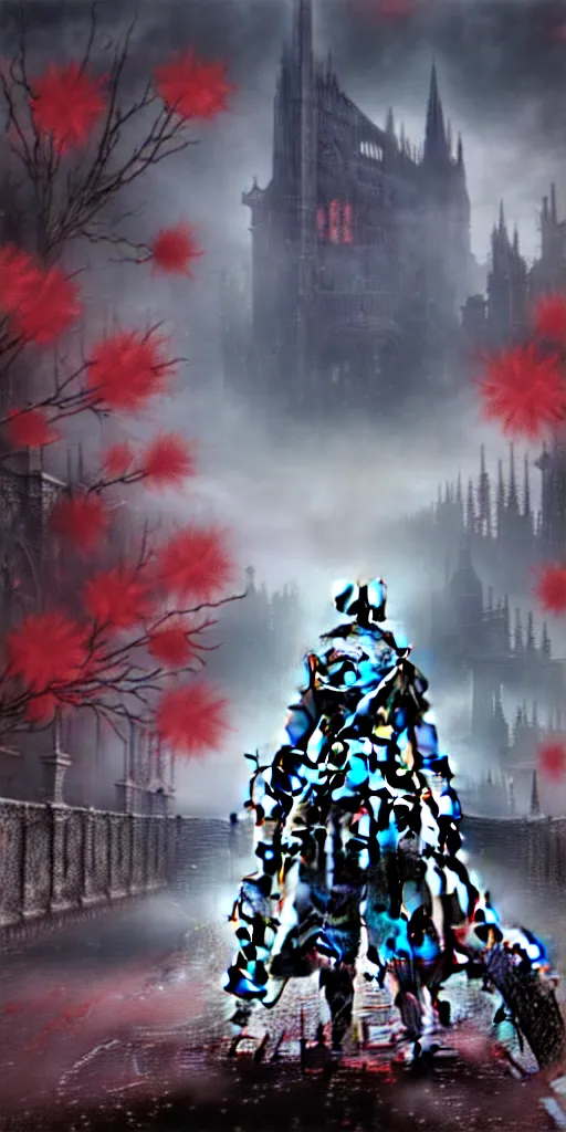 Image similar to populated bloodborne old valley with a dark person at the centre and a ruined gothic city in the background, trees and stars in the background, falling red petals, epic red - orange moonlight, perfect lightning, wallpaper illustration by niko delort and kentaro miura, 4 k, ultra realistic