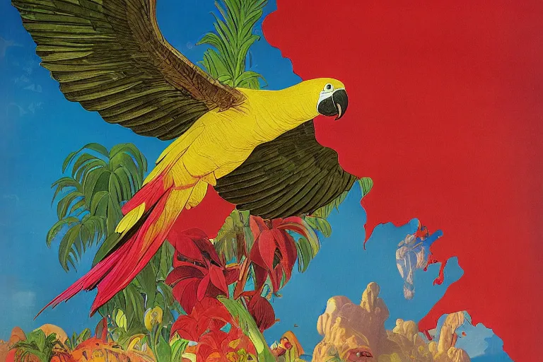 Prompt: colourful parrot flying over a tropical island, fluid, smooth, bright, colours, high contrast, sharpness, very detailed, intricate, by dali, magritte, edvard munch, da vinci, donato giancola, richard corben, zdzisław beksinski, moebius, francis bacon, studio ghibli, mucha and studio disney