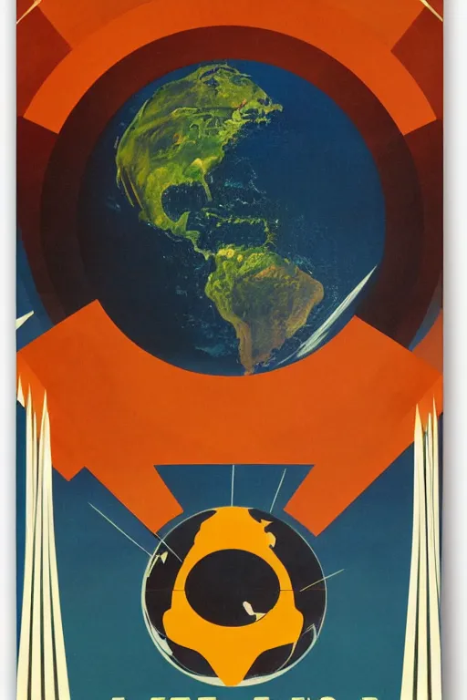 Prompt: poster of earth, 1 9 5 0 s style, futuristic design, dark, symmetrical, washed out color, centered, art deco, 1 9 5 0's futuristic, glowing highlights, intense