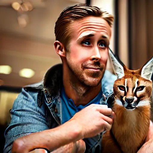 Prompt: Ryan Gosling holding cute caracal in a cafe in a cyberpunk city, close up shot, sharp focus, shallow depth of field, highly detailed face, 8k, unreal engine 5, cinematic lighting, vivid elegant fantasy concept art, character art, stern blue neon atmosphere, artstation, deep complimentary colors, volumetric lighting, photorealistic, hyperdetailed 3D matte painting, hyperrealism, hyperrealistic masterpiece