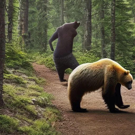 Prompt: a bear chasing a person wearing a backpack in the forest