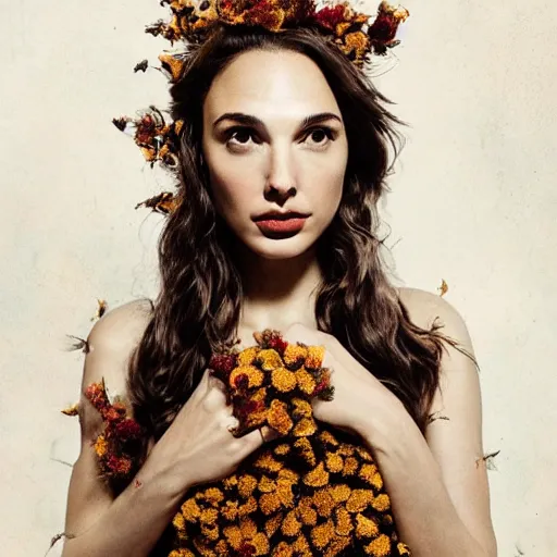 Image similar to full body fine art photo of the beauty gal gadot, she has a crown of dried flowers and she is wearing a fashionist conceptaul dress made of dried roses, taken by oleg oprisco