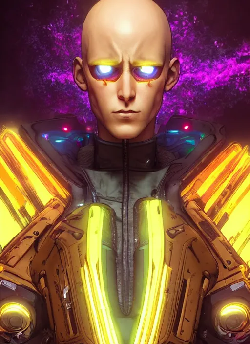 Image similar to glowwave portrait of saitama from borderlands 3, au naturel, hyper detailed, digital art, trending in artstation, cinematic lighting, studio quality, smooth render, unreal engine 5 rendered, octane rendered, art style by klimt and nixeu and ian sprigger and wlop and krenz cushart.