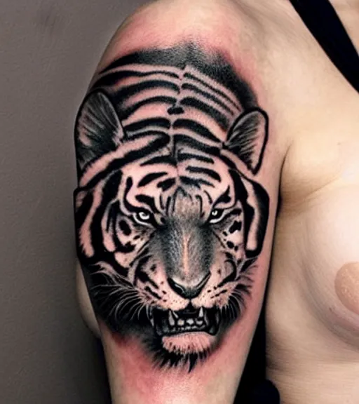 Image similar to tattoo design of a beautiful girl warrior under a tiger head, hyper realistic, realism tattoo, by eliot kohek, beautiful eyes, realistic face, black and white, white background