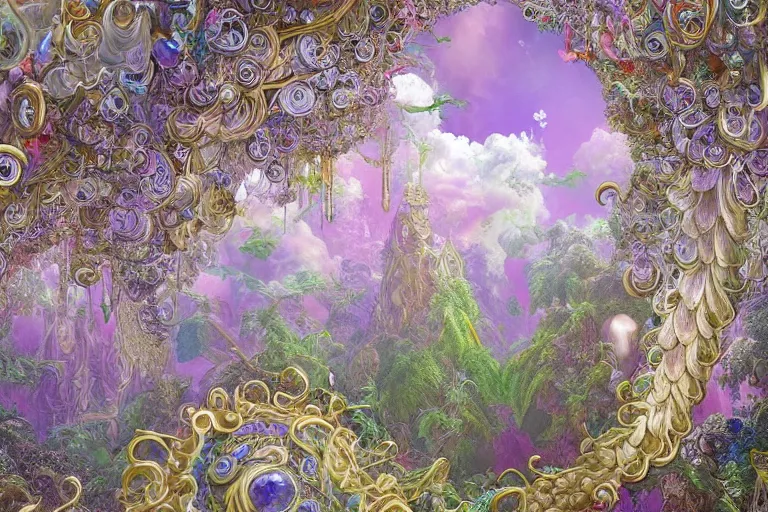 Image similar to a huge flock of many ornate intricate puffy filigreed clouds tangled into large whirling ultra detailed crystal specimens, art nouveau jungle environment, playful, award winning art, epic dreamlike fantasy landscape, ultra realistic,