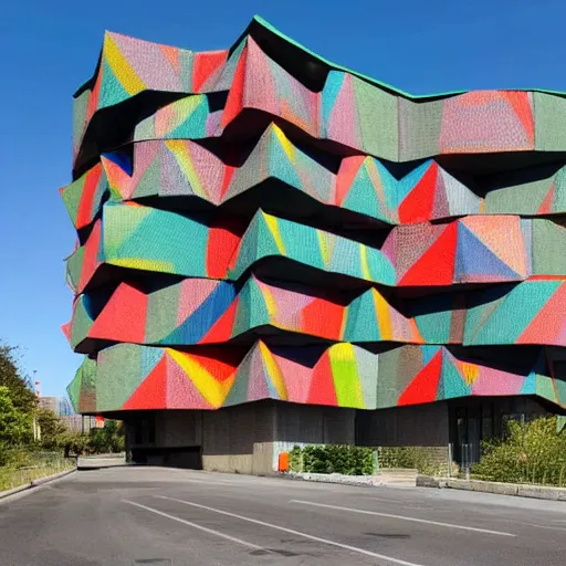 Prompt: a brutalist building made of colourful fabric sheets