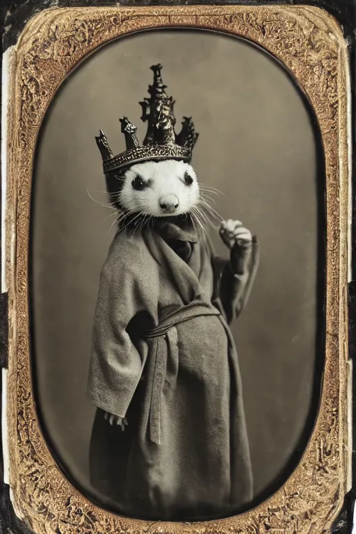 Image similar to a wet plate photo of an anthropomorphic ferret king, wearing a crown, wearing a robe