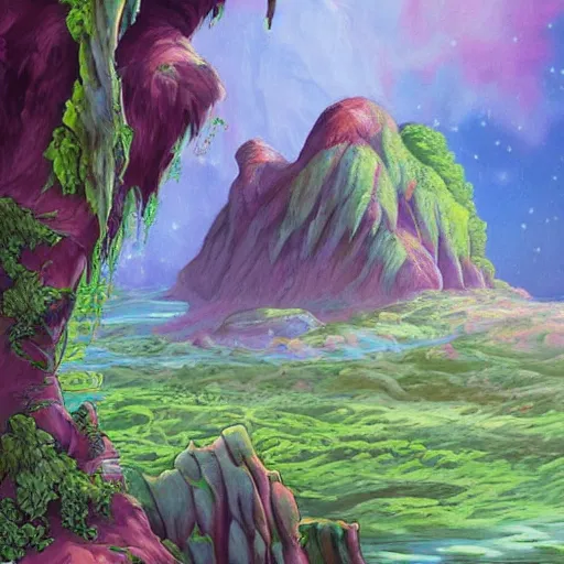 Prompt: fantasy illustration of a lush natural scene on an alien planet by djamila knopf. detailed. beautiful landscape. colourful weird vegetation. cliffs and water.