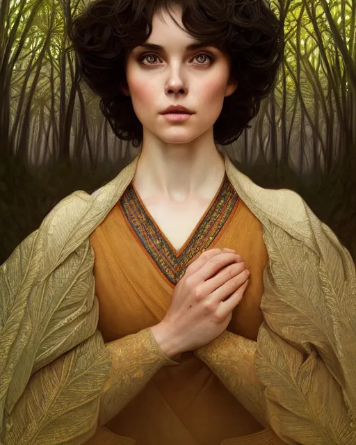 Image similar to symmetry portrait of welsh brunette princess in mans tunic, tomboy, short hair, forest background, intricate, elegant, highly detailed, digital painting, artstation, concept art, smooth, sharp focus, illustration, art by artgerm and greg rutkowski and fra angelico and alphons mucha