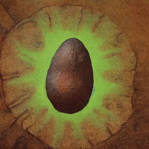 Image similar to photo of a cave painting petroglyph of an avocado being stolen, parietal art style, cave painting, sepia colors