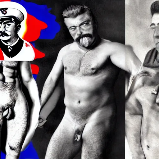 Image similar to lgbt art, tom of finland style, stalin, lenin, in billy herrington body, art in 4 k, high quality, masterpiece