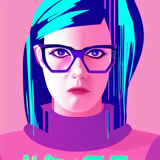 Prompt: cyberpunk vector illustration of an attractive young woman with dark hair, blue eyes, thick rim glasses, symmetrical, blade runner style, pink, blue, purple, teal, neon