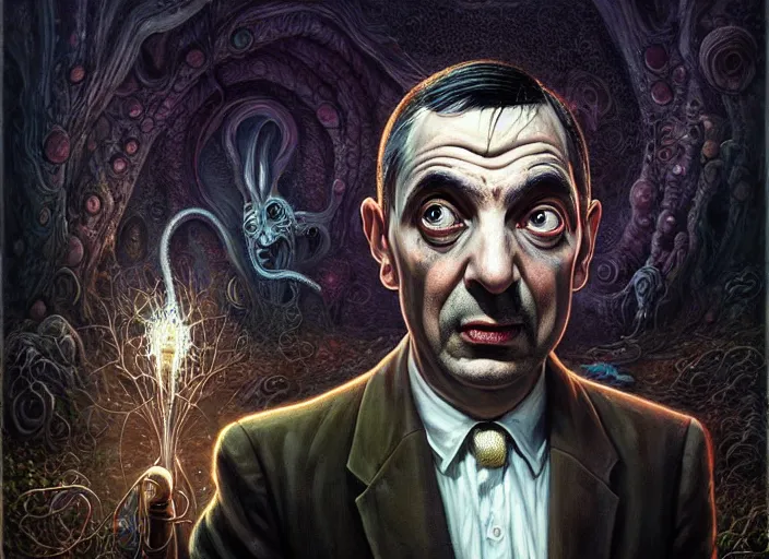 Prompt: lovecraft biopunk portrait of mr bean, fractal background, by tomasz alen kopera and peter mohrbacher