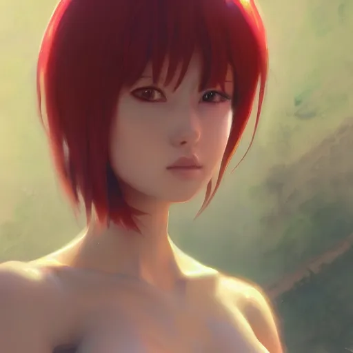 Prompt: red haired anime girl in a bikini, ultra detailed, very beautiful face, 8 k resolution, by greg rutkowski, wlop, hayao miyazaki