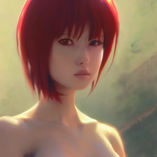 A full body photo of an anime girl, short hair, brown hair, wearing a red two  piece swimsuit, looking up camera angle, bright mid-day lighting from top,  dynamic pose