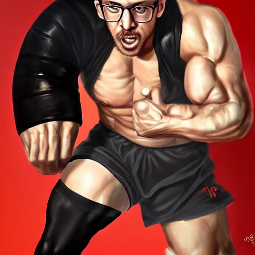 Prompt: Gigachad Sam Hyde flexing muscular body, wearing black shorts and white sneaker shoes, portrait of by Stanley Artgerm Lau, WLOP, Rossdraws, James Jean, Andrei Riabovitchev, Marc Simonetti, Yoshitaka Amano, ArtStation, CGSociety,